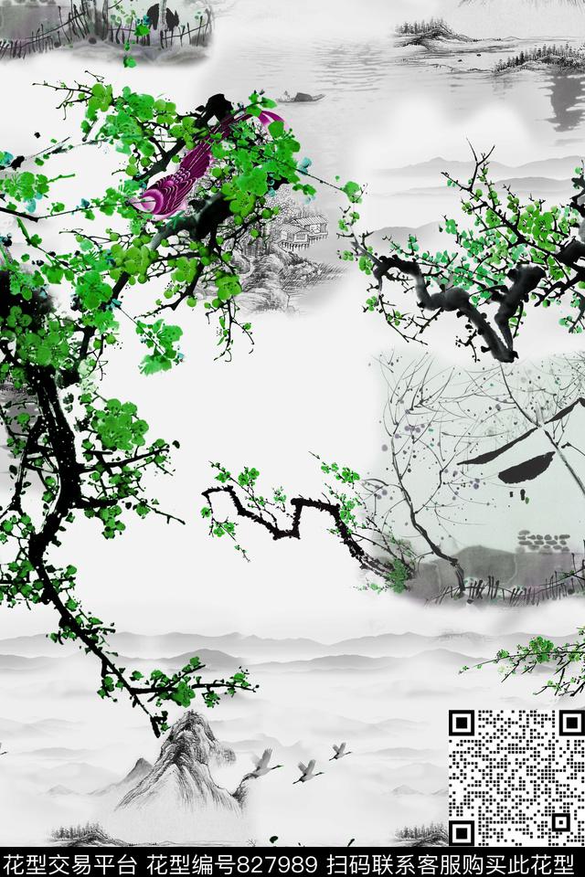 山水梅花喜鹊数码印花华亿平台下载（图片编号: 827989） - 瓦栏（Walan）