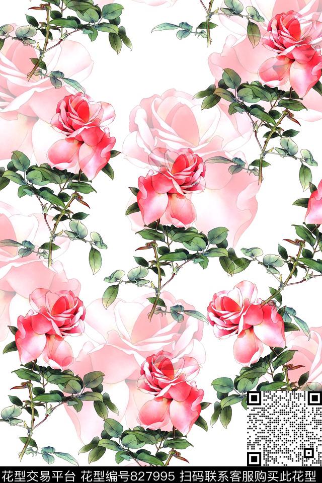 花卉玫瑰花朵数码印花华亿平台下载（图片编号: 827995） - 瓦栏（Walan）