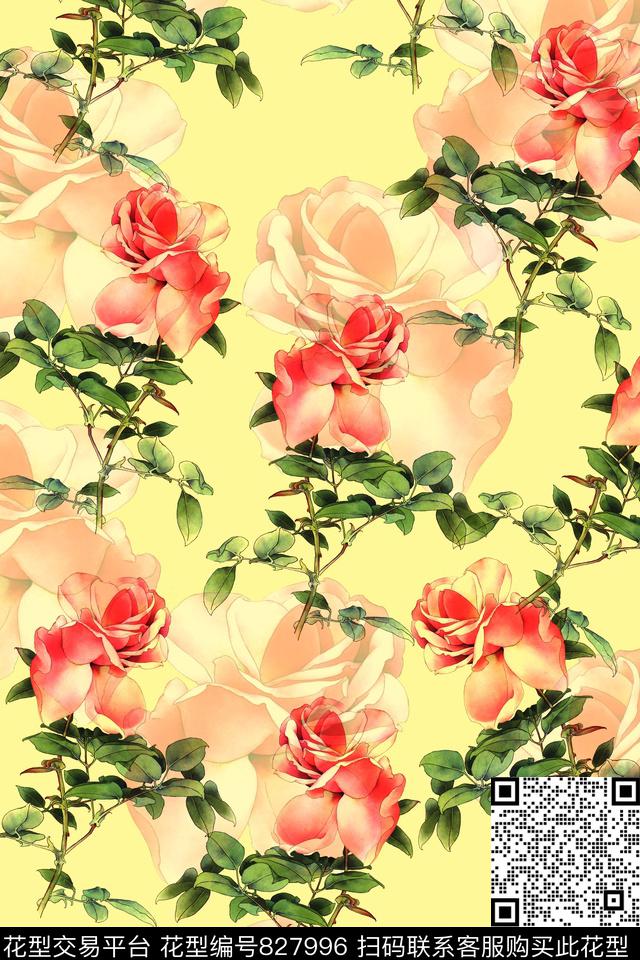 花卉玫瑰花朵数码印花华亿平台下载（图片编号: 827996） - 瓦栏（Walan）