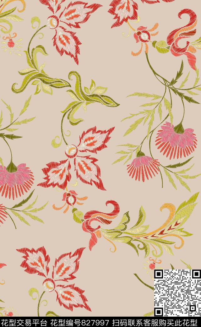 手绘绣花线描数码印花华亿平台下载（图片编号: 827997） - 瓦栏（Walan）