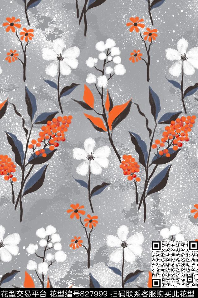艺术花卉粉笔肌理春夏女装传统印花华亿平台下载（图片编号: 827999） - 瓦栏（Walan）