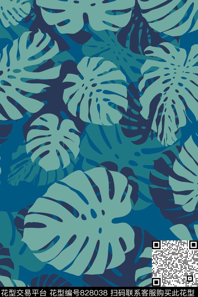 大叶子叶子棕桐叶子传统印花华亿平台下载（图片编号: 828038） - 瓦栏（Walan）