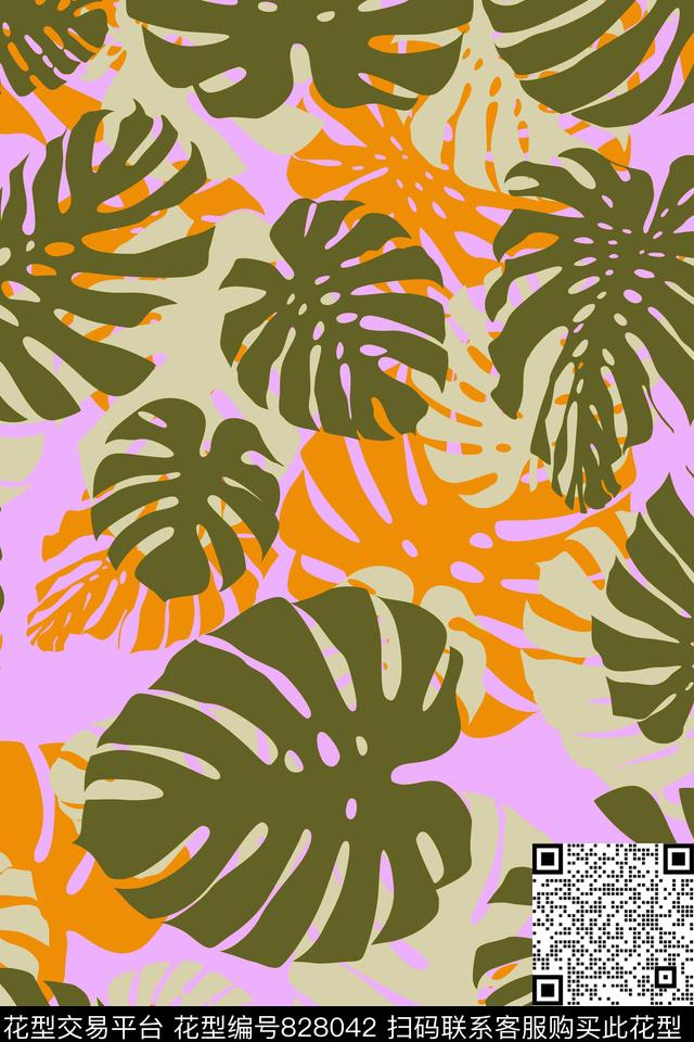 大叶子叶子棕桐叶子传统印花华亿平台下载（图片编号: 828042） - 瓦栏（Walan）