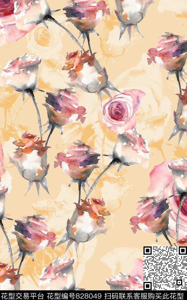 玫瑰水彩手绘数码印花华亿平台下载（图片编号: 828049） - 瓦栏（Walan）