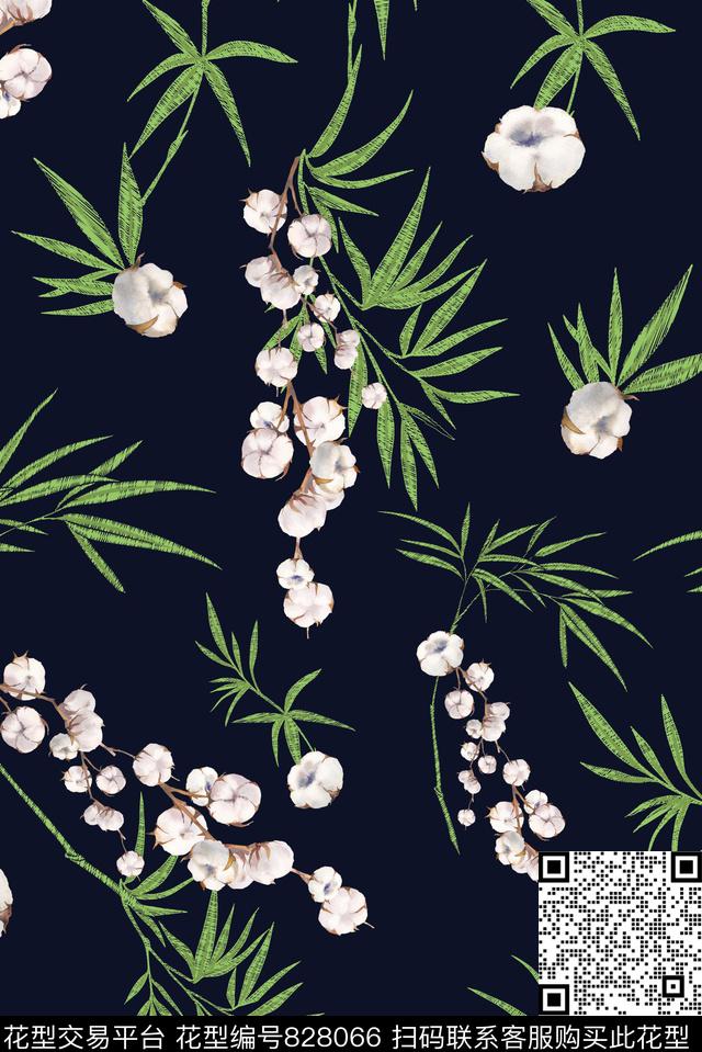 抽象竹枝棉花数码印花华亿平台下载（图片编号: 828066） - 瓦栏（Walan）