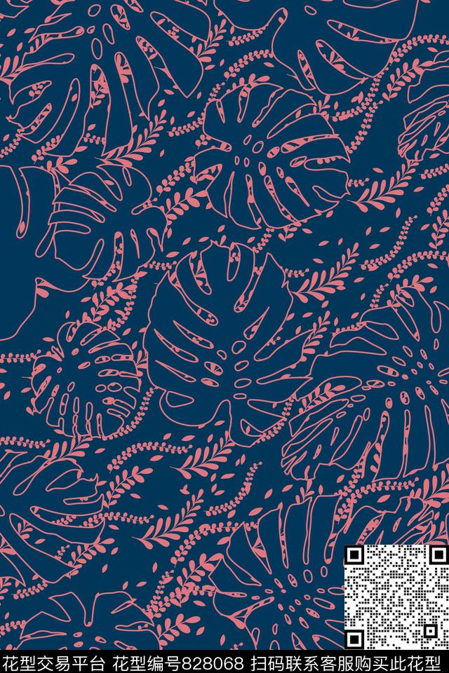 大叶子叶子棕桐叶子传统印花华亿平台下载（图片编号: 828068） - 瓦栏（Walan）