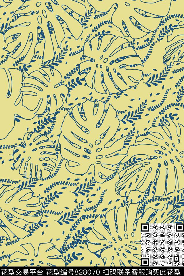 大叶子叶子棕桐叶子传统印花华亿平台下载（图片编号: 828070） - 瓦栏（Walan）