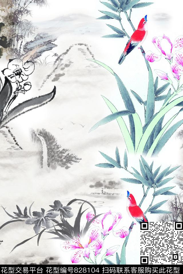 兰花水墨风景数码印花华亿平台下载（图片编号: 828104） - 瓦栏（Walan）
