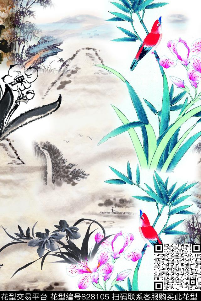 兰花水墨风景数码印花华亿平台下载（图片编号: 828105） - 瓦栏（Walan）