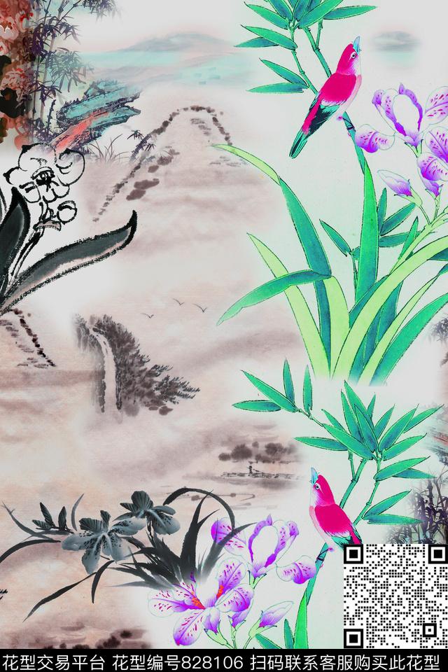 兰花水墨风景数码印花华亿平台下载（图片编号: 828106） - 瓦栏（Walan）