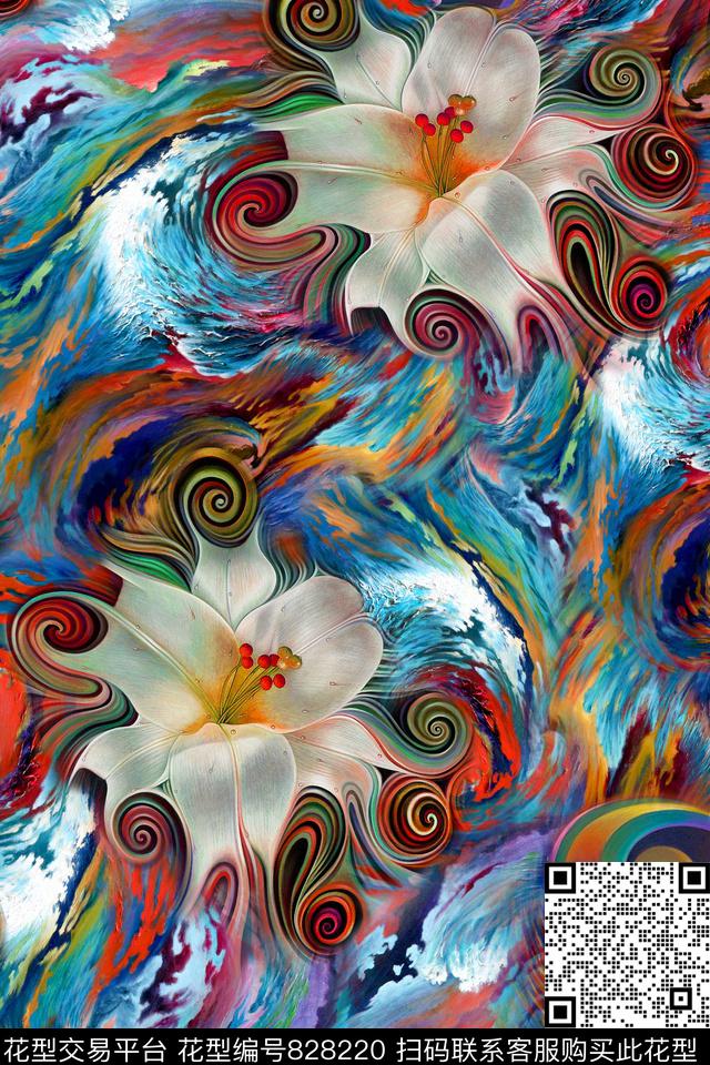 油画花卉百合数码印花华亿平台下载（图片编号: 828220） - 瓦栏（Walan）