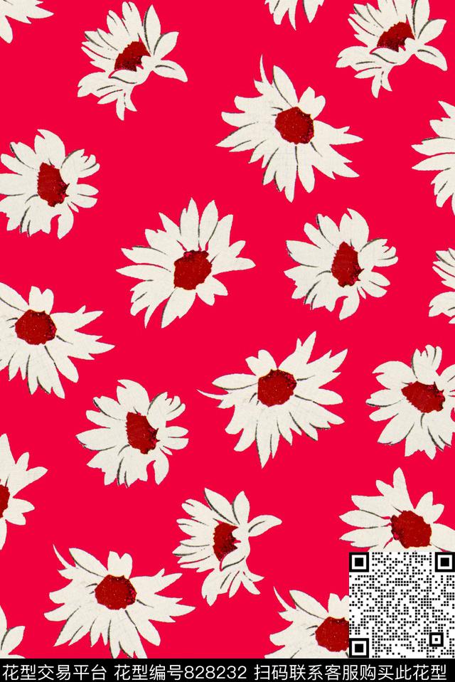 西瓜红花卉小菊花数码印花华亿平台下载（图片编号: 828232） - 瓦栏（Walan）