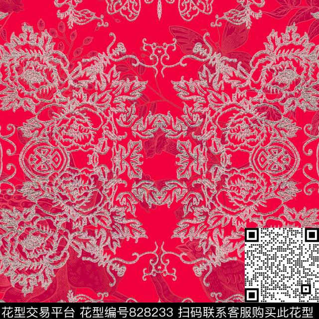 西瓜红民族风花纹数码印花华亿平台下载（图片编号: 828233） - 瓦栏（Walan）