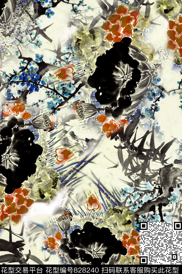 梅花中国风国画数码印花华亿平台下载（图片编号: 828240） - 瓦栏（Walan）