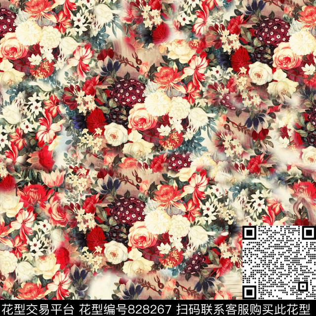 油画花卉满版画玫瑰。小花数码印花华亿平台下载（图片编号: 828267） - 瓦栏（Walan）