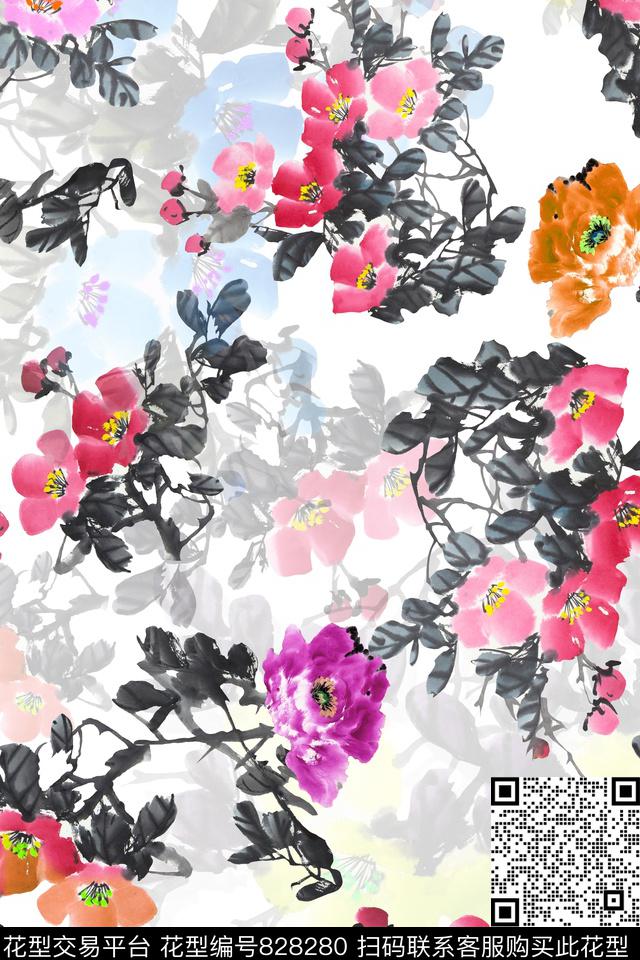 中国风中国画水墨牡丹花数码印花华亿平台下载（图片编号: 828280） - 瓦栏（Walan）