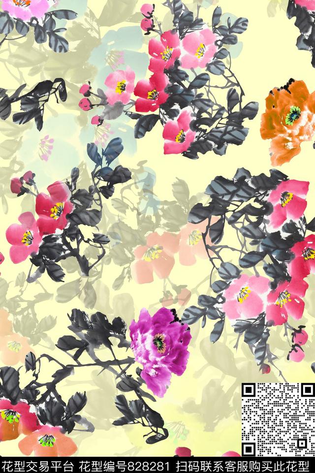 中国风中国画水墨牡丹花数码印花华亿平台下载（图片编号: 828281） - 瓦栏（Walan）