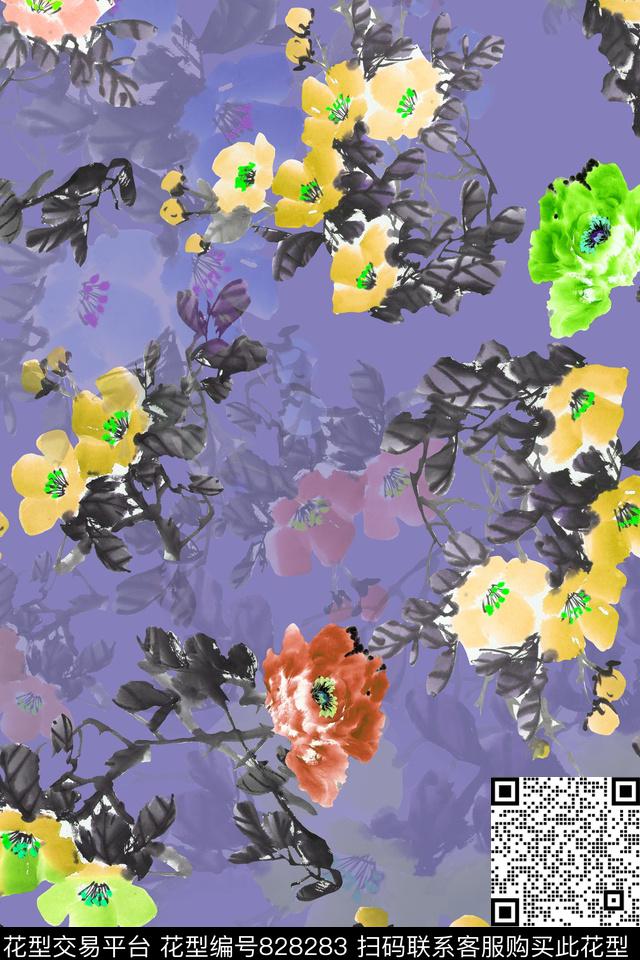 中国风中国画水墨牡丹花数码印花华亿平台下载（图片编号: 828283） - 瓦栏（Walan）