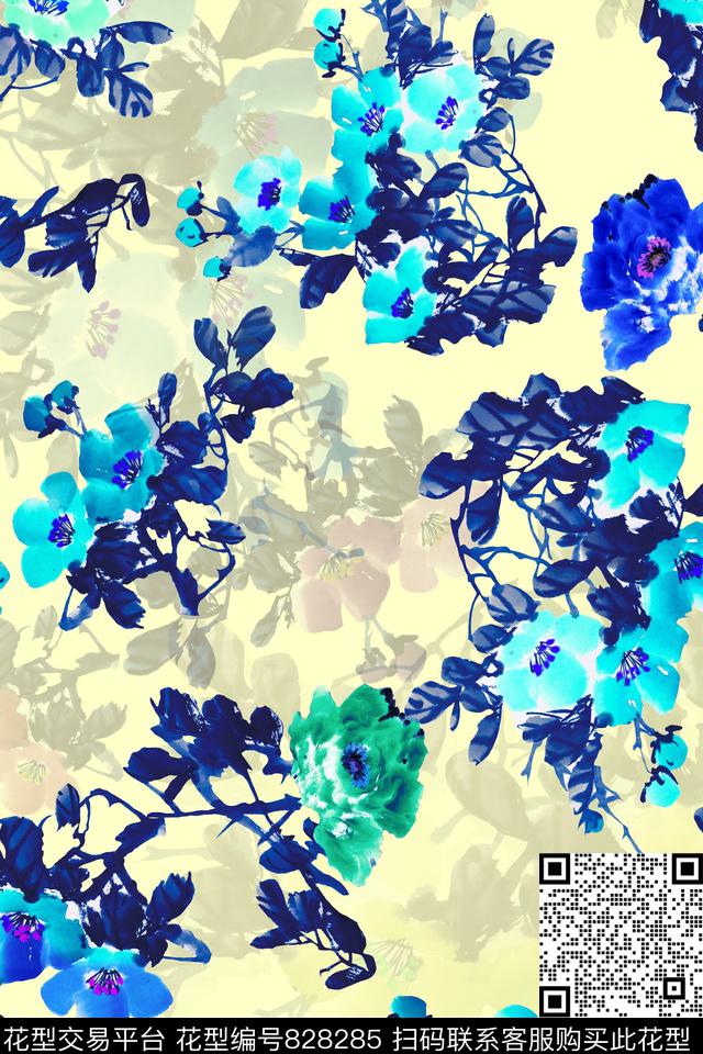 中国风中国画水墨牡丹花数码印花华亿平台下载（图片编号: 828285） - 瓦栏（Walan）