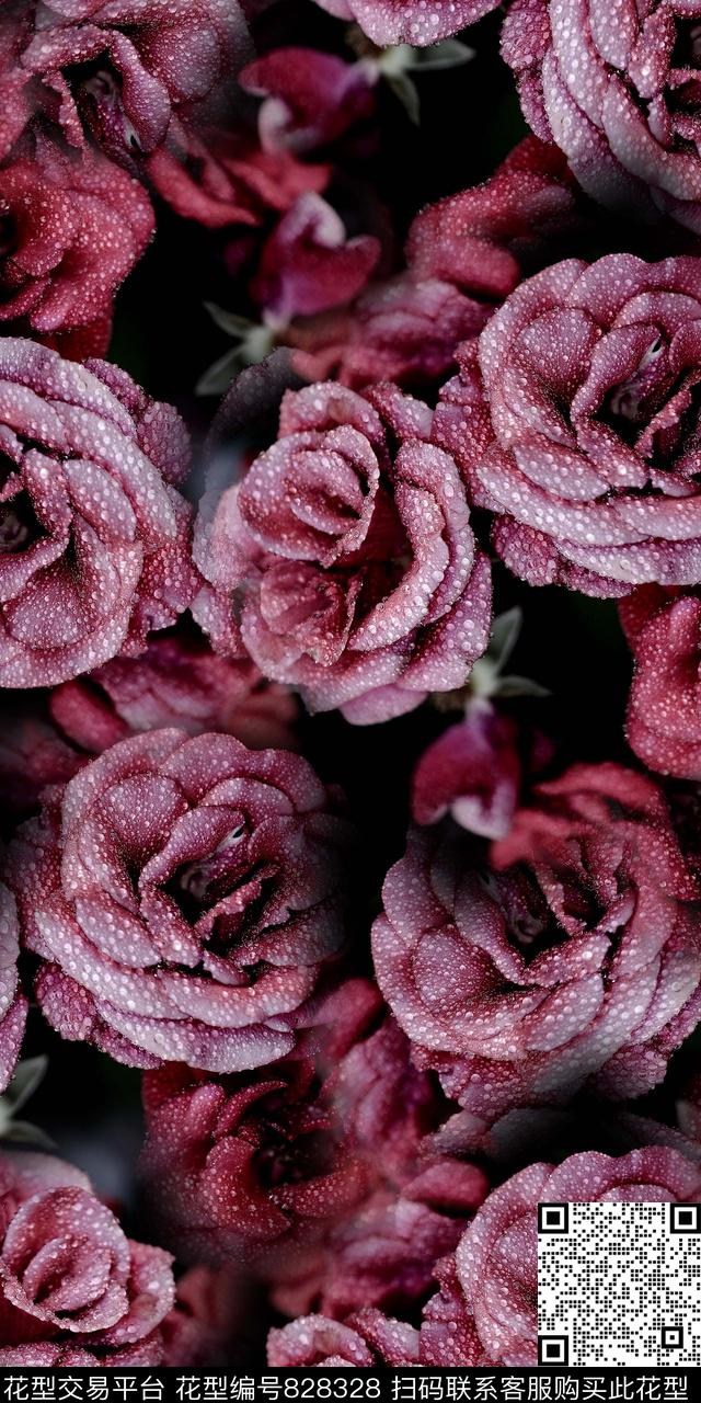 红玫瑰鲜花带露珠的鲜花数码印花华亿平台下载（图片编号: 828328） - 瓦栏（Walan）