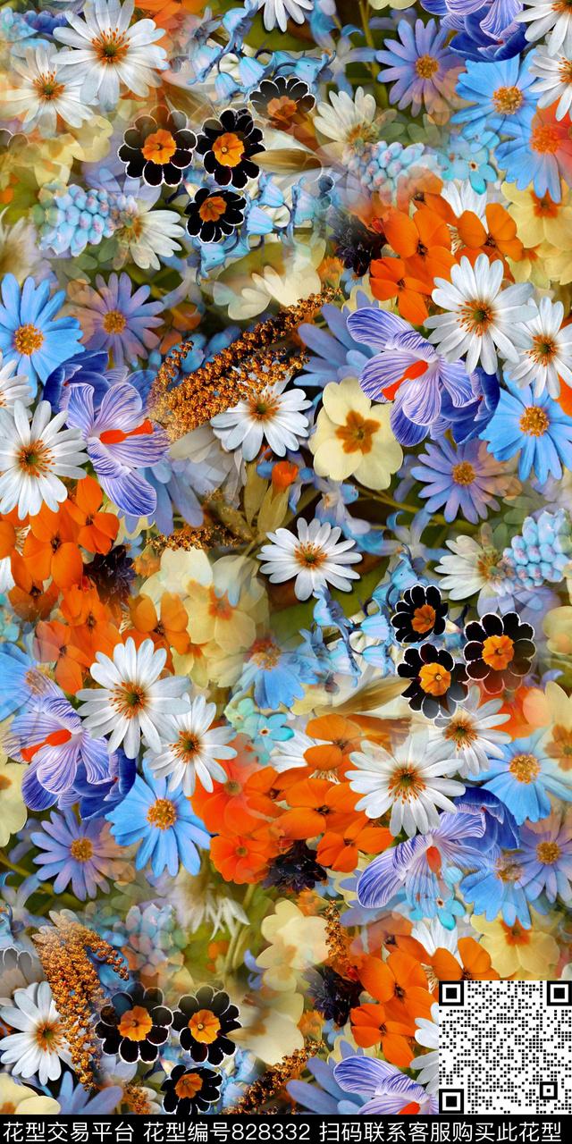 雏菊鲜花小碎花数码印花华亿平台下载（图片编号: 828332） - 瓦栏（Walan）