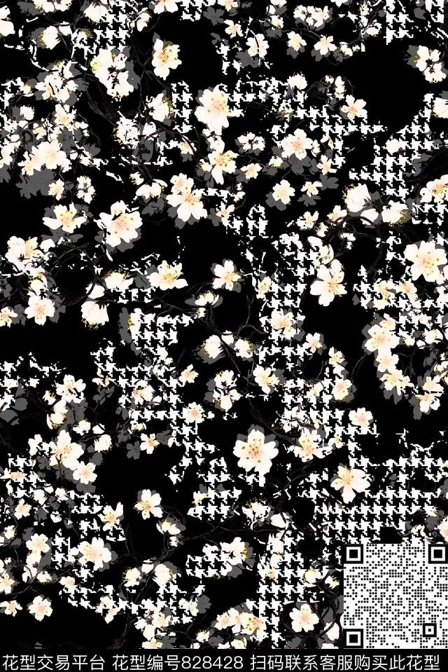 花卉千鸟格几何数码印花华亿平台下载（图片编号: 828428） - 瓦栏（Walan）