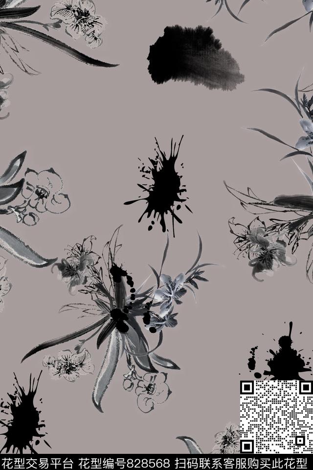 水墨荷花简约数码印花华亿平台下载（图片编号: 828568） - 瓦栏（Walan）