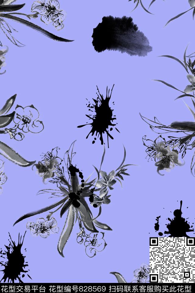 水墨荷花简约数码印花华亿平台下载（图片编号: 828569） - 瓦栏（Walan）