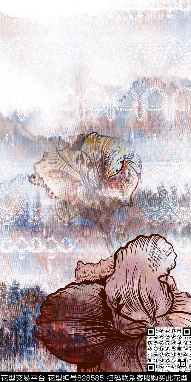 晕染花卉渐变数码印花华亿平台下载（图片编号: 828585） - 瓦栏（Walan）