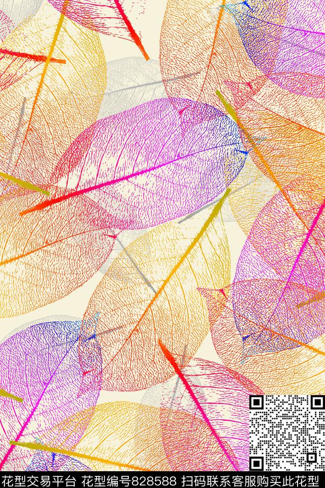 树叶大叶子色彩传统印花华亿平台下载（图片编号: 828588） - 瓦栏（Walan）