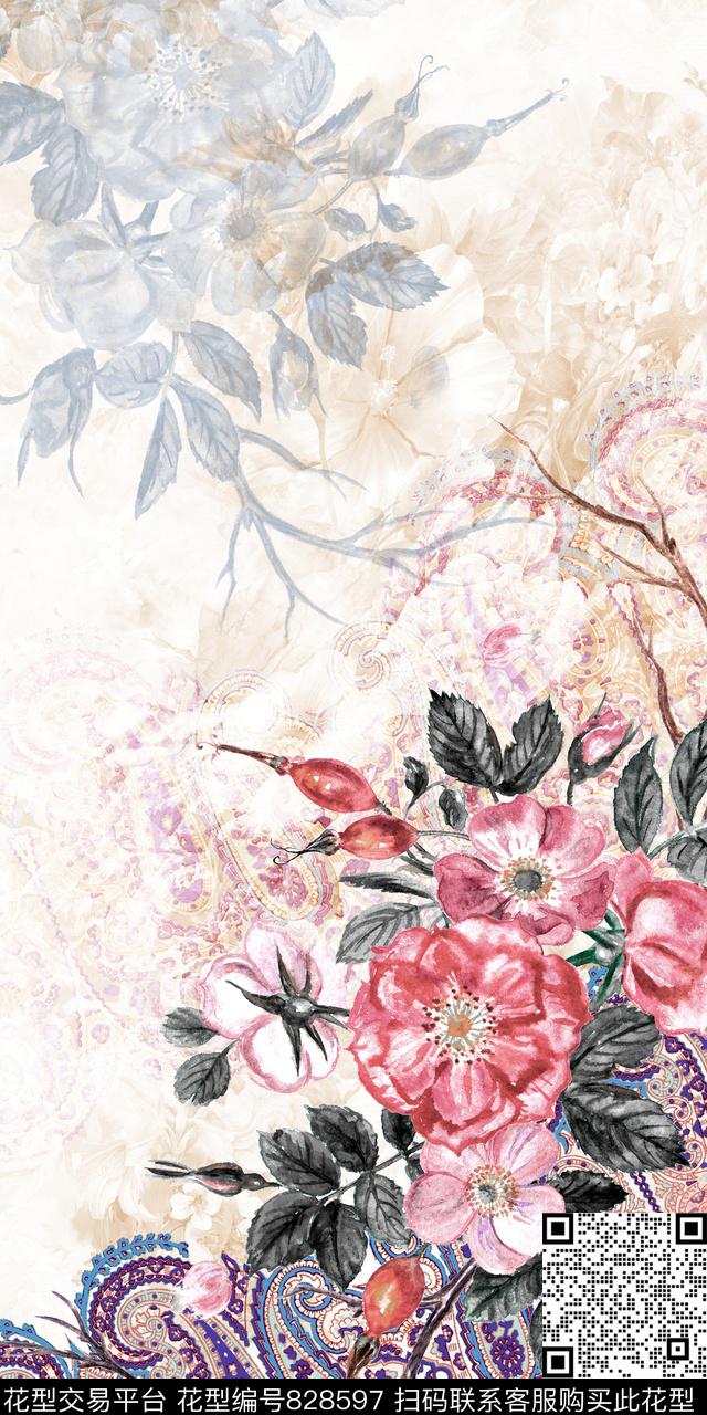晕染花卉渐变数码印花华亿平台下载（图片编号: 828597） - 瓦栏（Walan）