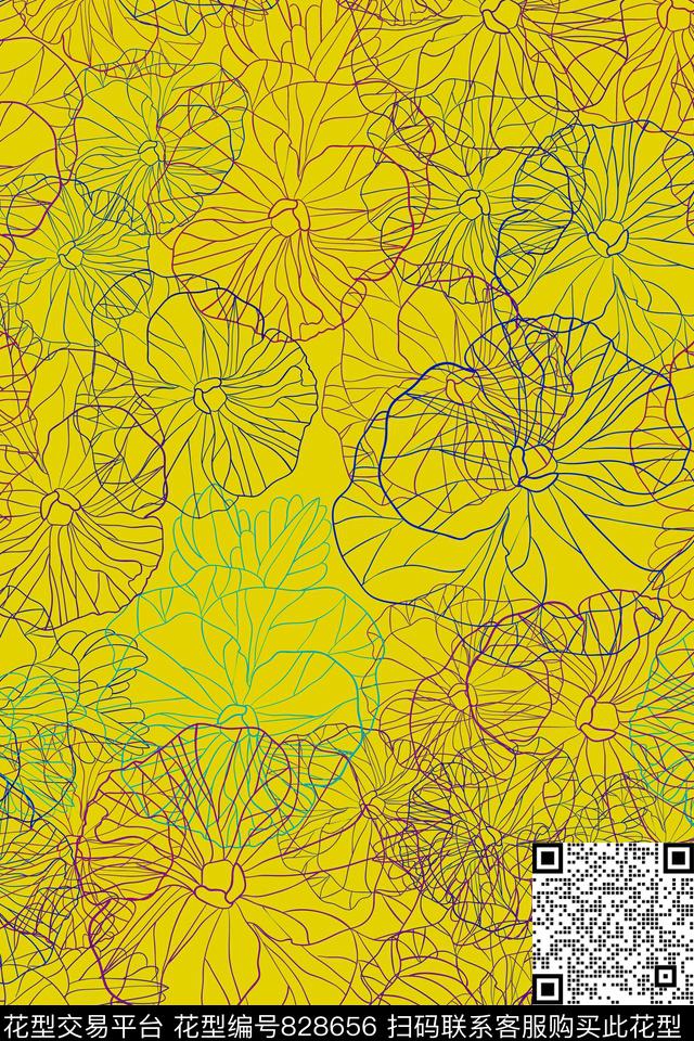 大叶子色彩花传统印花华亿平台下载（图片编号: 828656） - 瓦栏（Walan）