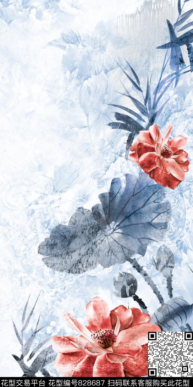 大花花卉水墨风数码印花华亿平台下载（图片编号: 828687） - 瓦栏（Walan）