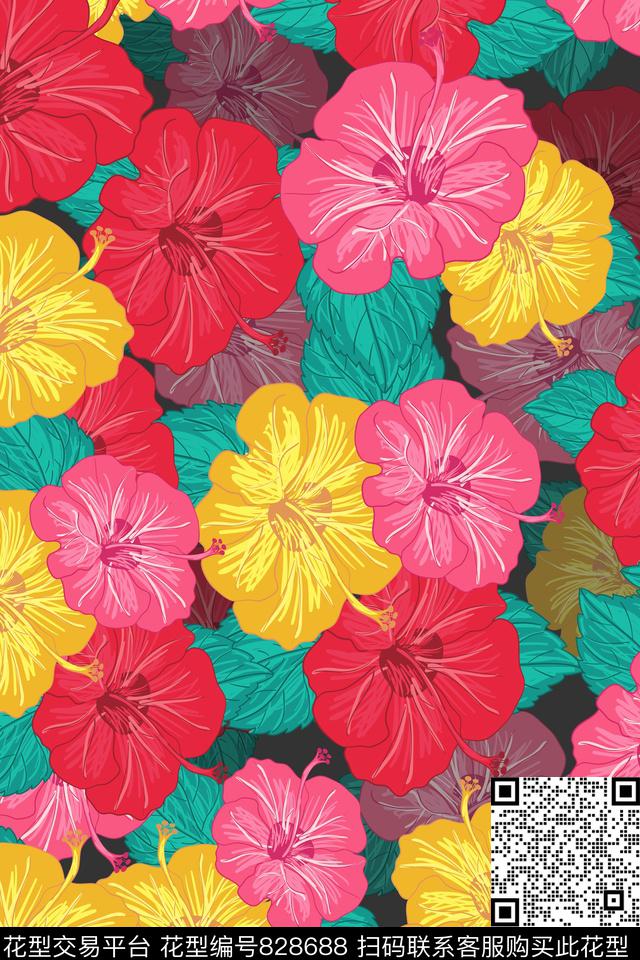 大花花朵花卉传统印花华亿平台下载（图片编号: 828688） - 瓦栏（Walan）