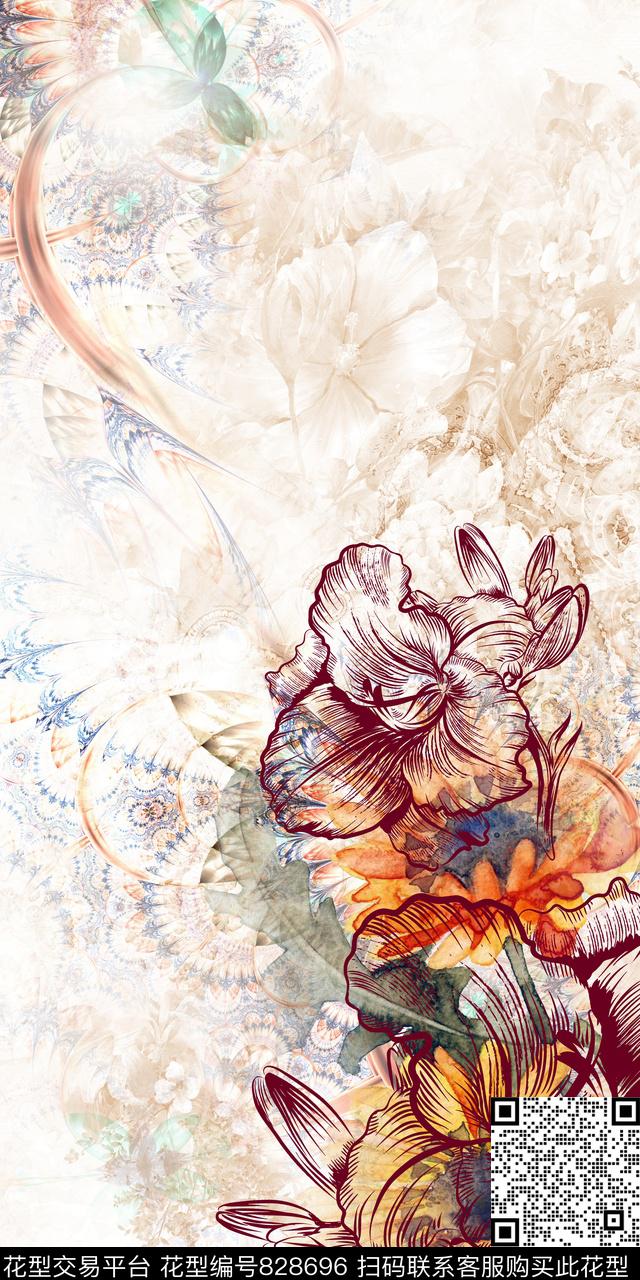 花朵水墨大花数码印花华亿平台下载（图片编号: 828696） - 瓦栏（Walan）