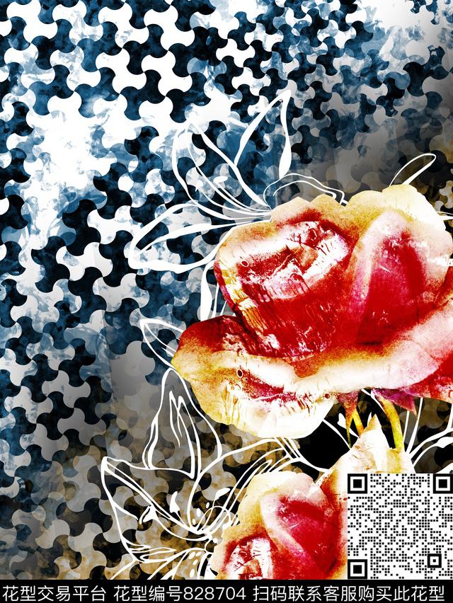 水墨大花晕染数码印花华亿平台下载（图片编号: 828704） - 瓦栏（Walan）