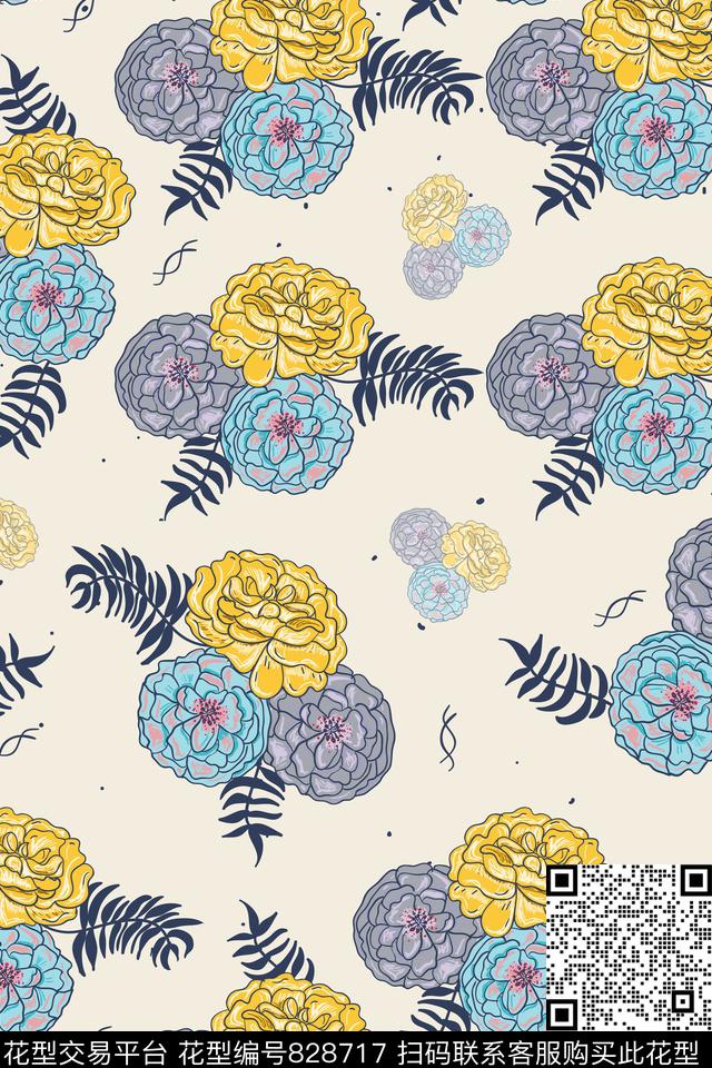 大花花朵花卉传统印花华亿平台下载（图片编号: 828717） - 瓦栏（Walan）