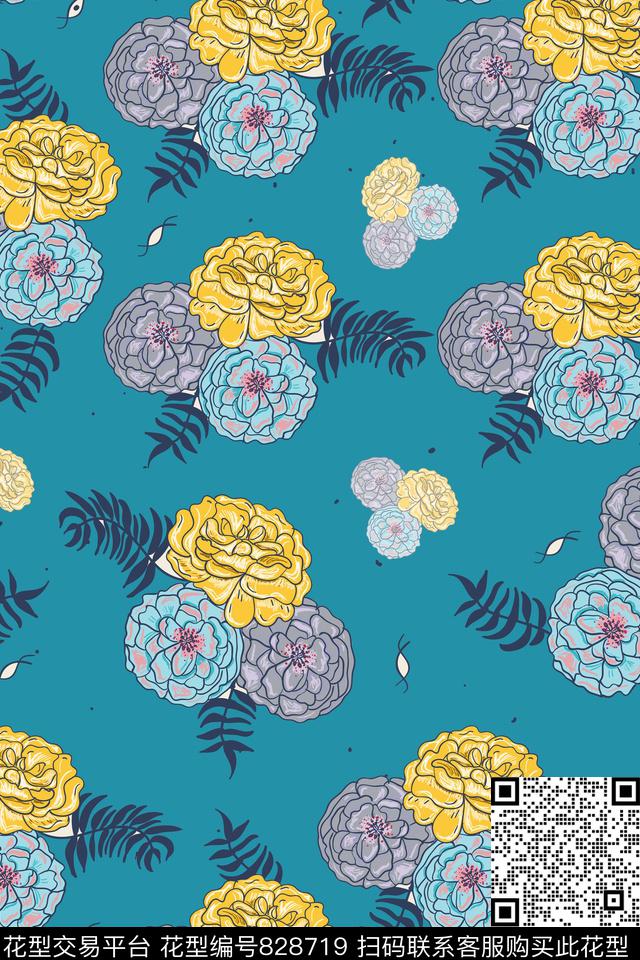 大花花朵花卉传统印花华亿平台下载（图片编号: 828719） - 瓦栏（Walan）