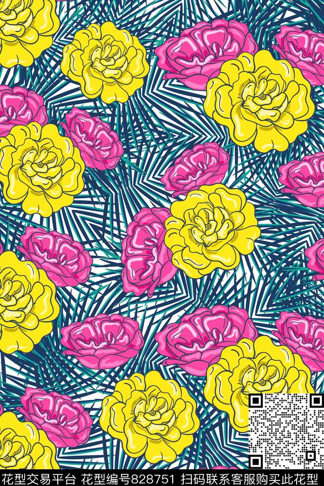 大花花朵花卉传统印花华亿平台下载（图片编号: 828751） - 瓦栏（Walan）