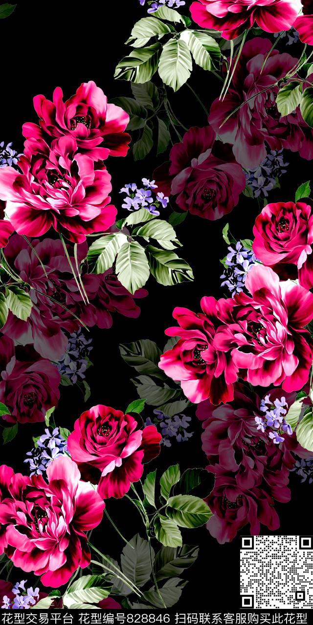 玉兰花乱花牡丹数码印花华亿平台下载（图片编号: 828846） - 瓦栏（Walan）