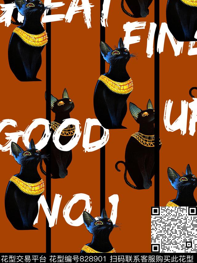 趣味猫咪条子数码印花华亿平台下载（图片编号: 828901） - 瓦栏（Walan）