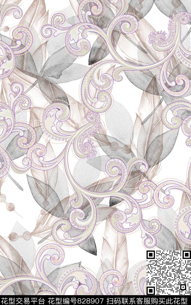 卷草纹民族风叶子数码印花华亿平台下载（图片编号: 828907） - 瓦栏（Walan）