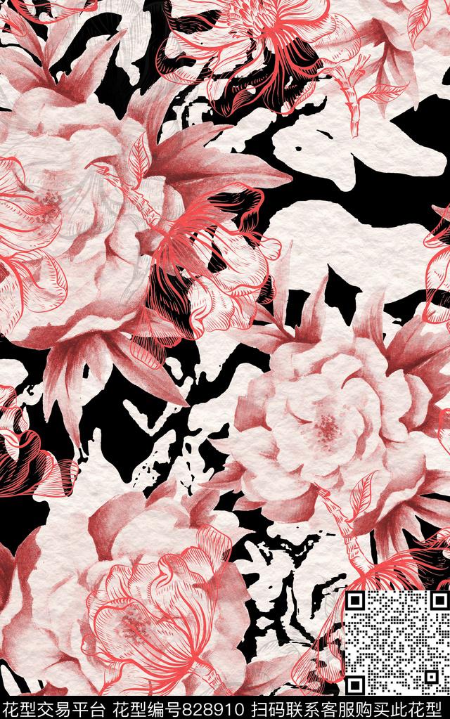 大花花卉水彩数码印花华亿平台下载（图片编号: 828910） - 瓦栏（Walan）