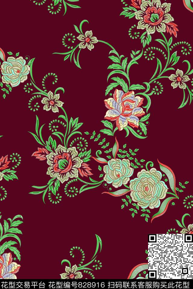 花卉绣花卷草数码印花华亿平台下载（图片编号: 828916） - 瓦栏（Walan）
