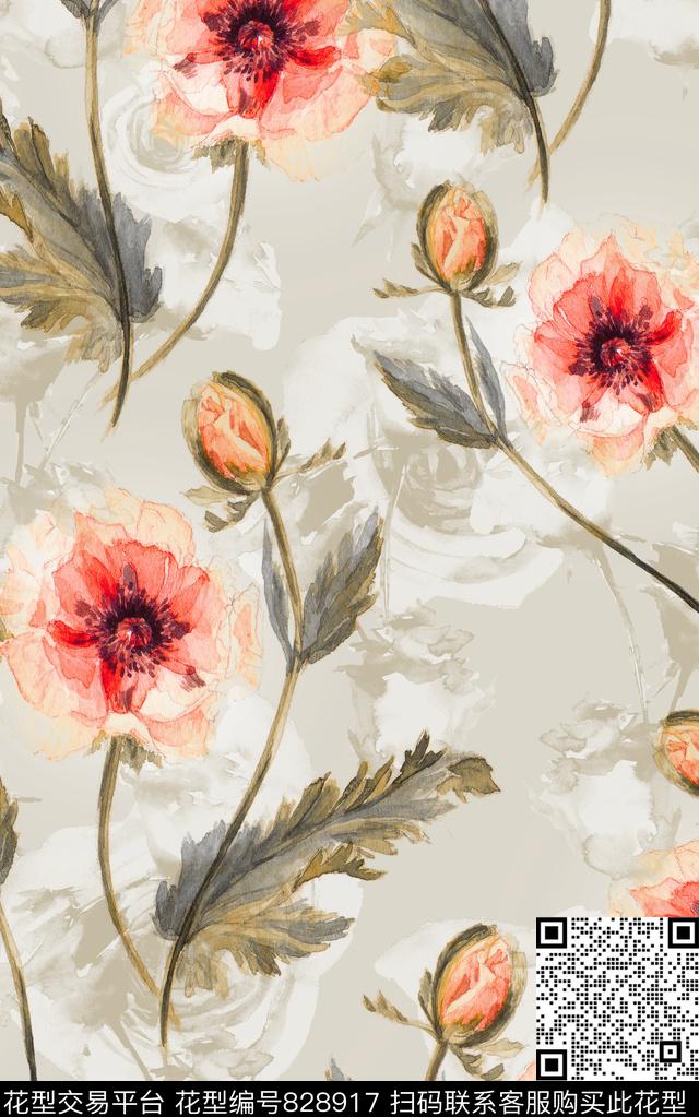 淡彩肌理水彩花数码印花华亿平台下载（图片编号: 828917） - 瓦栏（Walan）