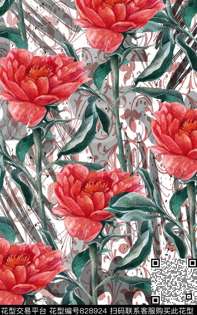 花卉水彩卷草纹数码印花华亿平台下载（图片编号: 828924） - 瓦栏（Walan）