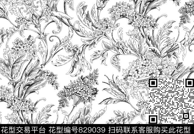 花卉线描欧式传统印花华亿平台下载（图片编号: 829039） - 瓦栏（Walan）