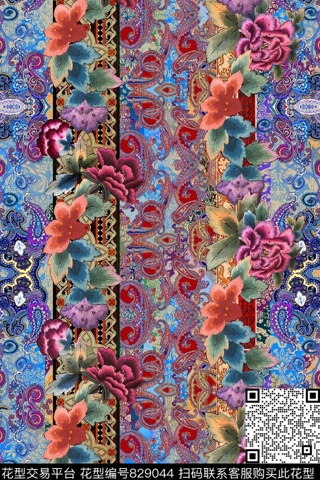 民族风条纹花卉数码印花华亿平台下载（图片编号: 829044） - 瓦栏（Walan）