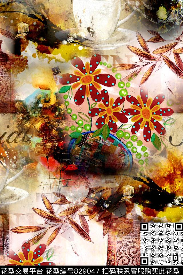 抽象几何拼接数码印花华亿平台下载（图片编号: 829047） - 瓦栏（Walan）