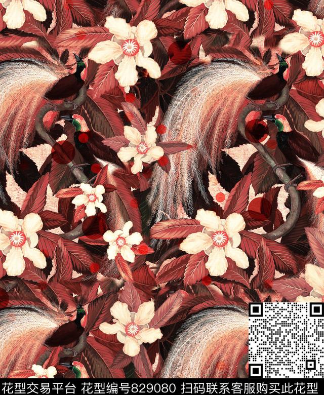 鸟长尾极乐鸟花卉数码印花华亿平台下载（图片编号: 829080） - 瓦栏（Walan）